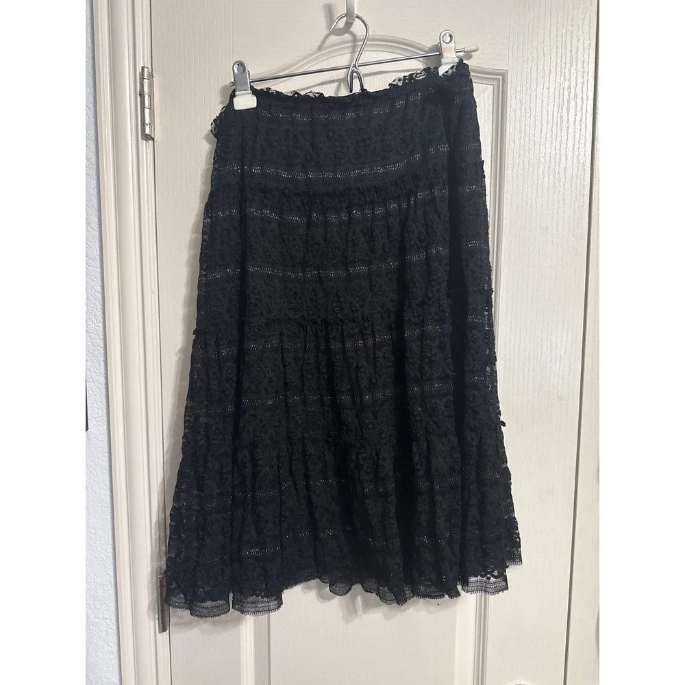 Studio M Black Lace Tiered Midi Skirt Metallic Coquette Gothic Whimsigoth Witchy